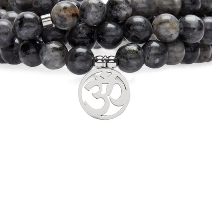 Bracelet Mala "Om" de 108 perles en Labradorite Grise - Karma Yoga Shop