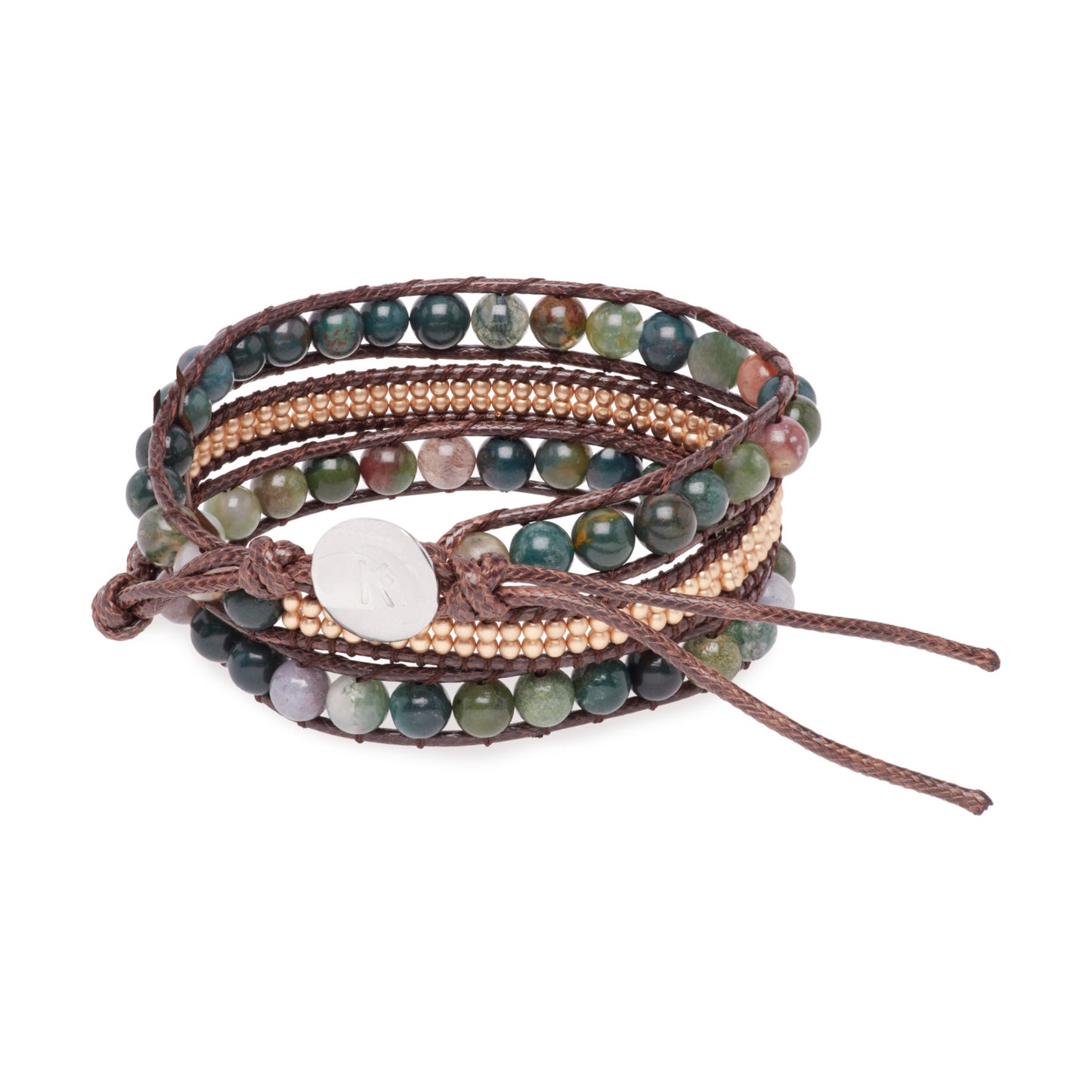 Bracelet wrap 2 tours avec perles d'agate indienne sur cordon cuir arbre de  vie
