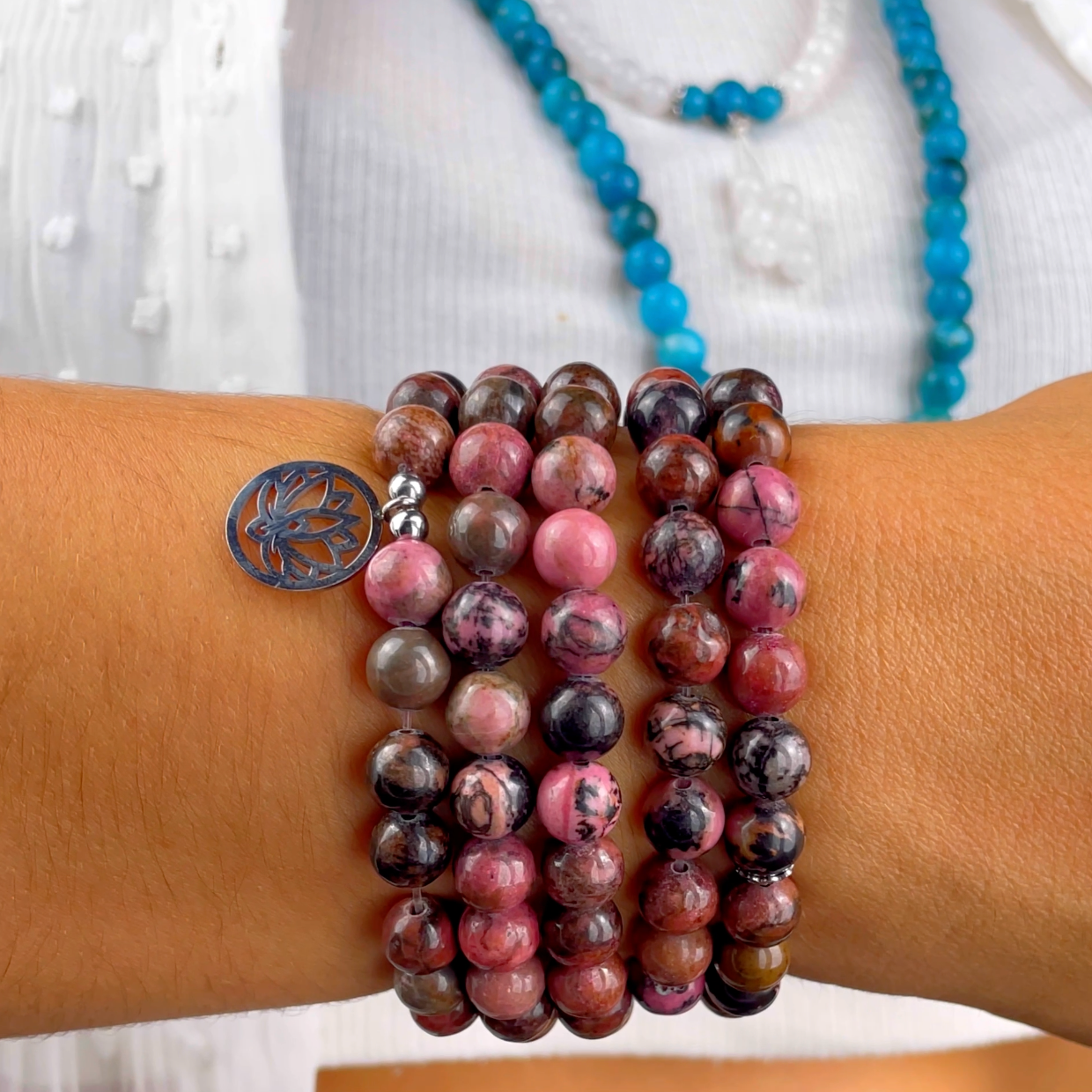 Bracelet Mala "Maîtrise des Emotions" de 108 perles en Rhodonite - Karma Yoga Shop