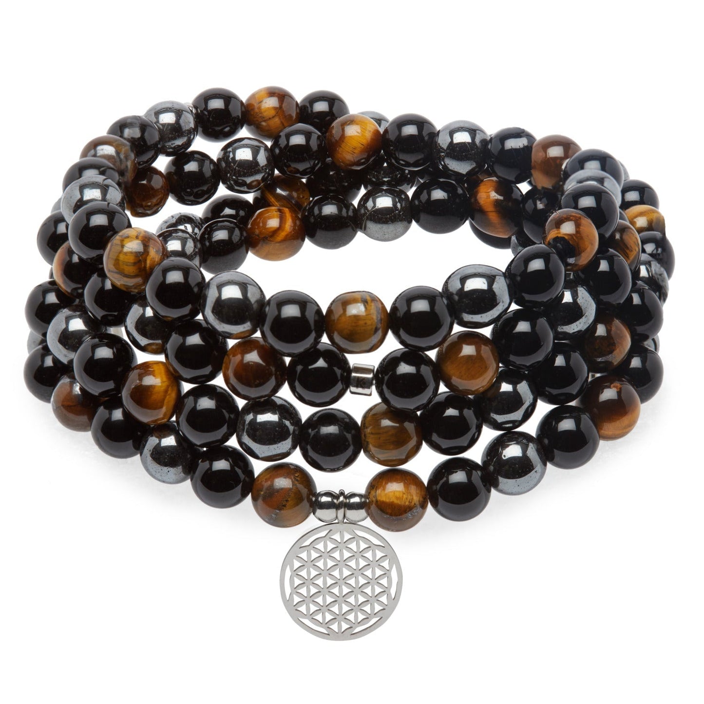 Bracelet "Triple Protection" de 108 perles en Oeil de Tigre, Hématite et Obsidienne Noire - Karma Yoga Shop