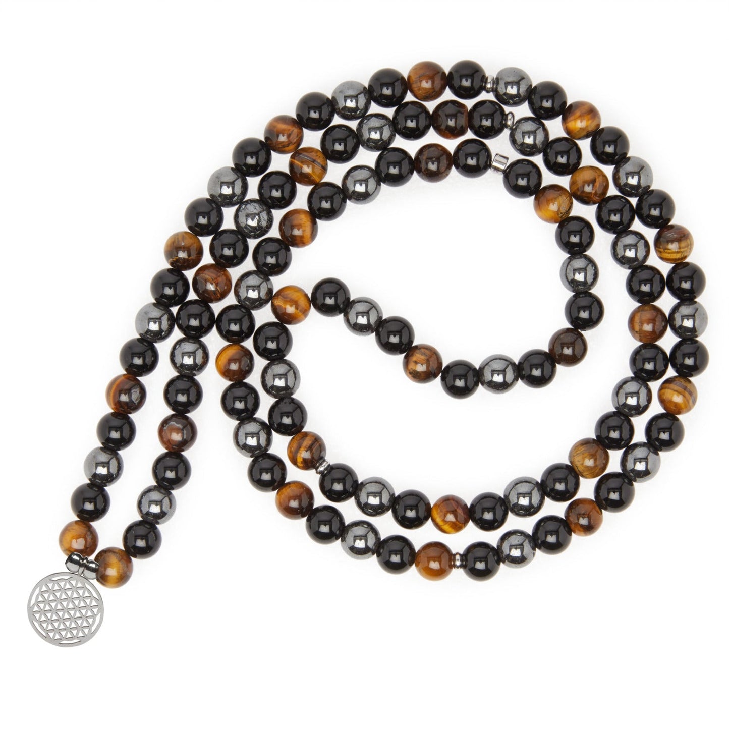 Bracelet "Triple Protection" de 108 perles en Oeil de Tigre, Hématite et Obsidienne Noire - Karma Yoga Shop