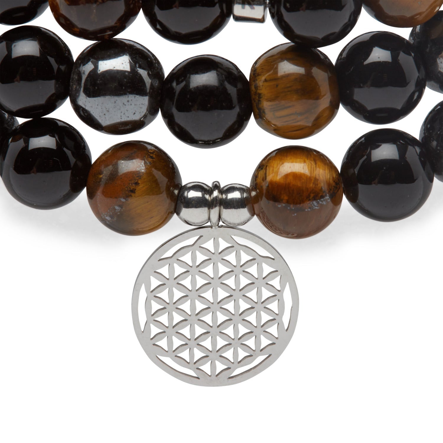 Bracelet "Triple Protection" de 108 perles en Oeil de Tigre, Hématite et Obsidienne Noire - Karma Yoga Shop