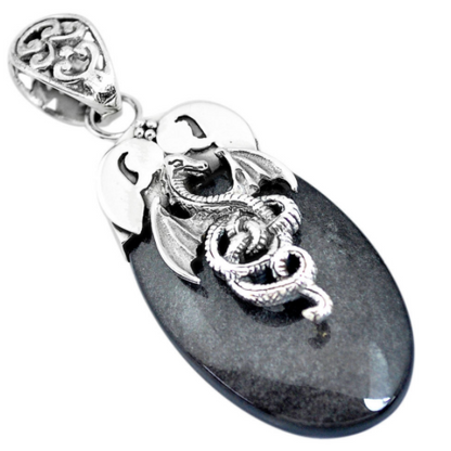 Collier et pendentif dragon "Amulette de Courage" en Obsidienne Noire et Argent 925 - Karma Yoga Shop