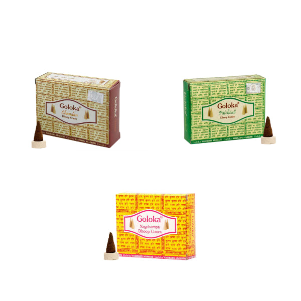 Pack de 3 boites de cônes d’encens (Patchouli, Nag Champa et Chandan) - Karma Yoga Shop