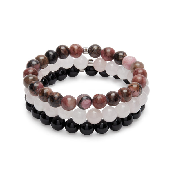 Triple Bracelet "Confiance en l'Amour" en Quartz Rose, Rhodonite et Onyx