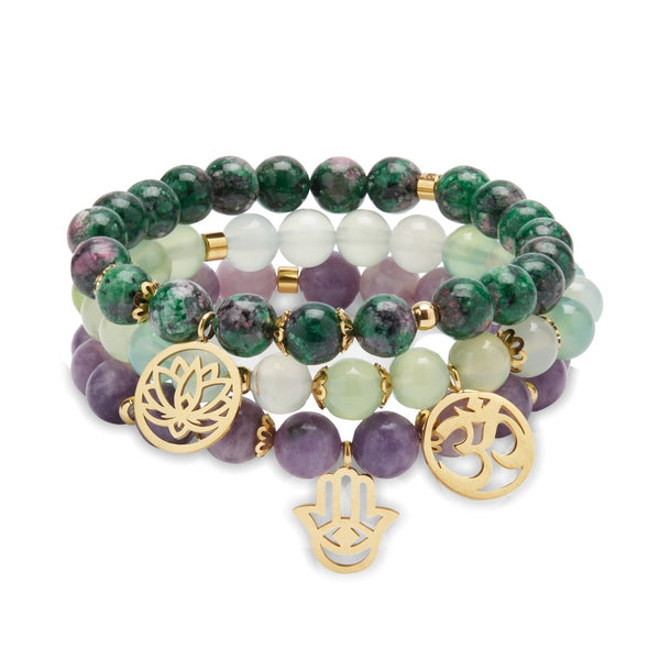 Triple Bracelets "Libération Émotionnelle" en Lépidolite, Clinozoïsite et Agate Raisin