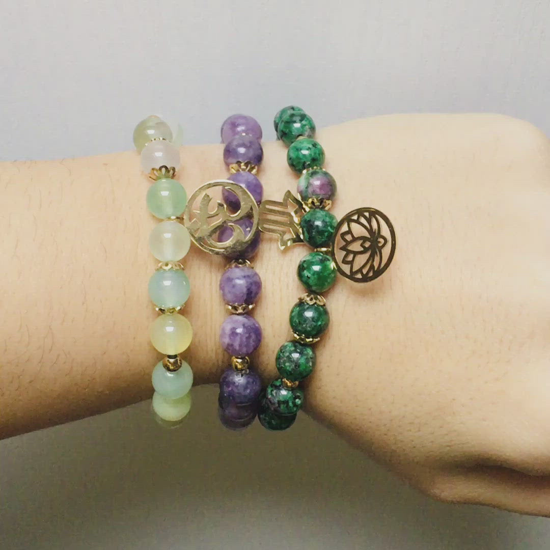 Triple “Emotional Liberation” Bracelets in Lepidolite, Clinozoisite and Grape Agate