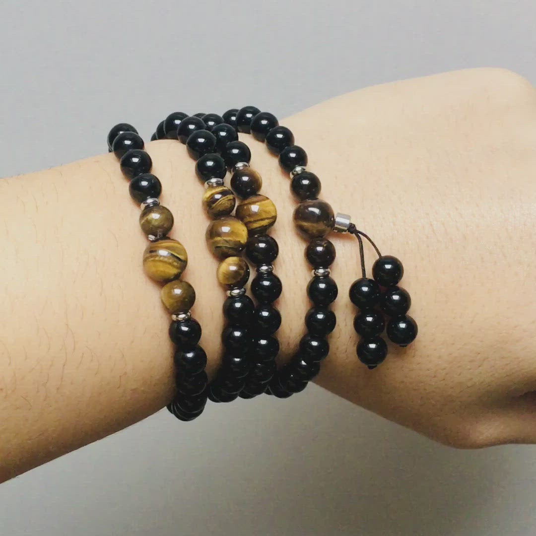 Bracelet Mala Bouddhiste en Obsidienne et Oeil de Tigre